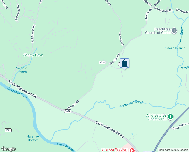 map of restaurants, bars, coffee shops, grocery stores, and more near 64 Mistletoe Ridge in Murphy