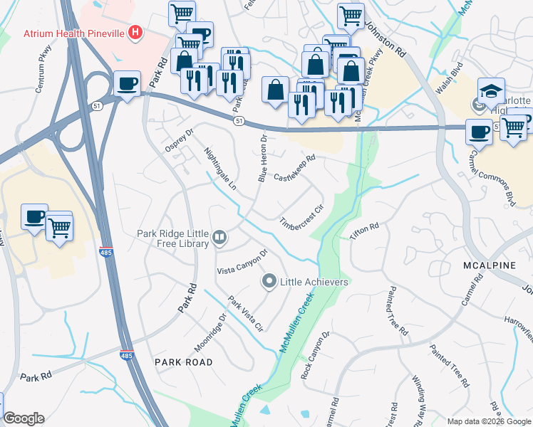 map of restaurants, bars, coffee shops, grocery stores, and more near 10908 Flat Iron Road in Charlotte
