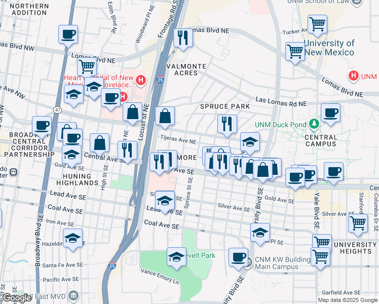 map of restaurants, bars, coffee shops, grocery stores, and more near 1121 Copper Avenue Northeast in Albuquerque