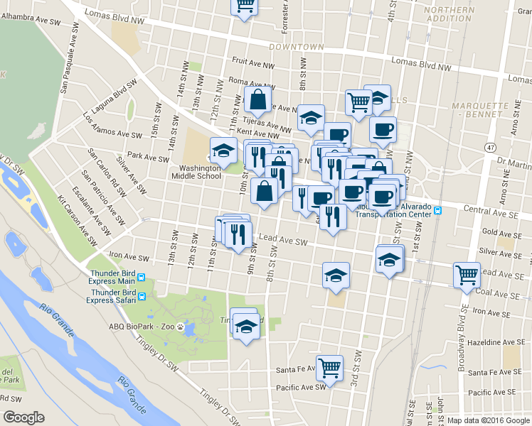 map of restaurants, bars, coffee shops, grocery stores, and more near 861 Silver Ave SW in Albuquerque