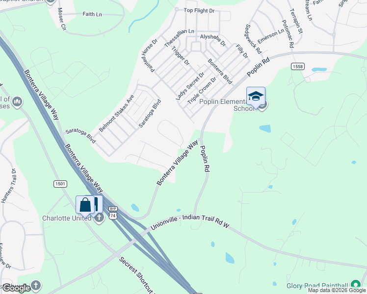 map of restaurants, bars, coffee shops, grocery stores, and more near 5906 Poplin Road in Indian Trail
