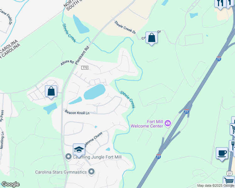 map of restaurants, bars, coffee shops, grocery stores, and more near 684 Beacon Knoll Lane in Fort Mill