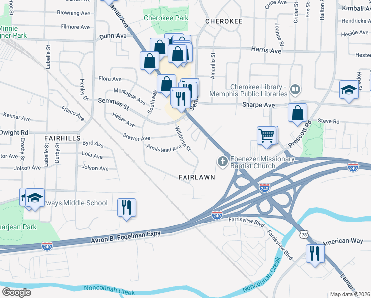 map of restaurants, bars, coffee shops, grocery stores, and more near 1773 Wildrose Street in Memphis