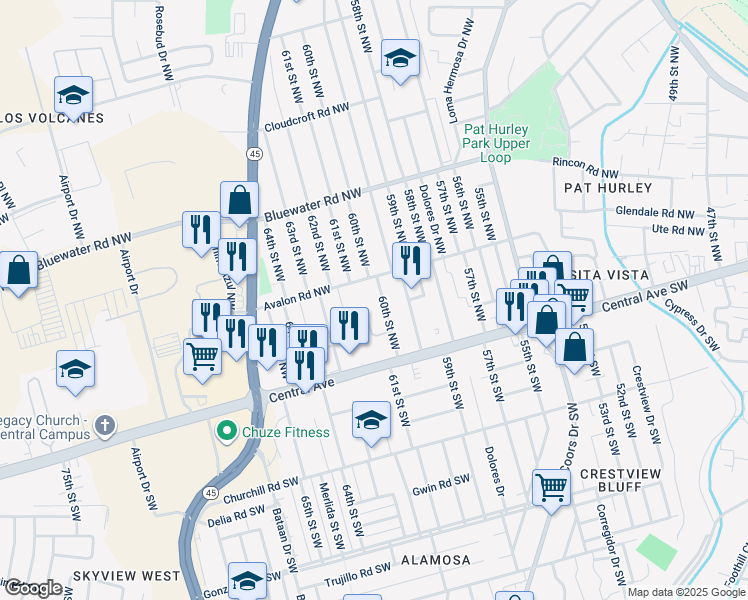 map of restaurants, bars, coffee shops, grocery stores, and more near 221 60th Street Northwest in Albuquerque
