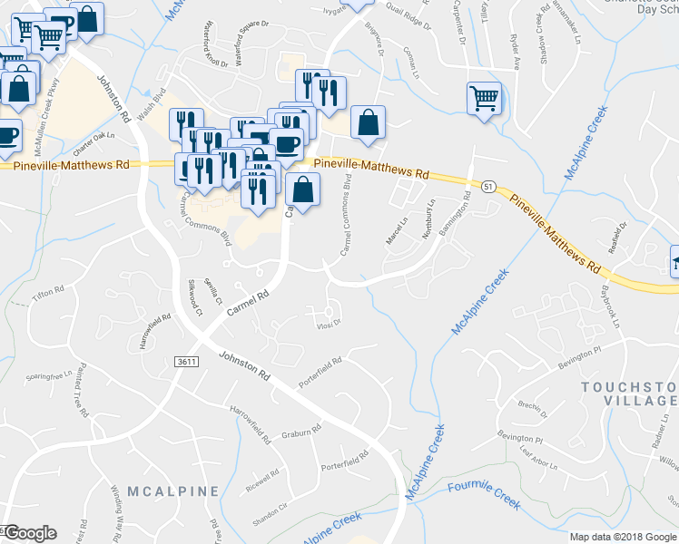 map of restaurants, bars, coffee shops, grocery stores, and more near 11330 Carmel Commons Boulevard in Charlotte