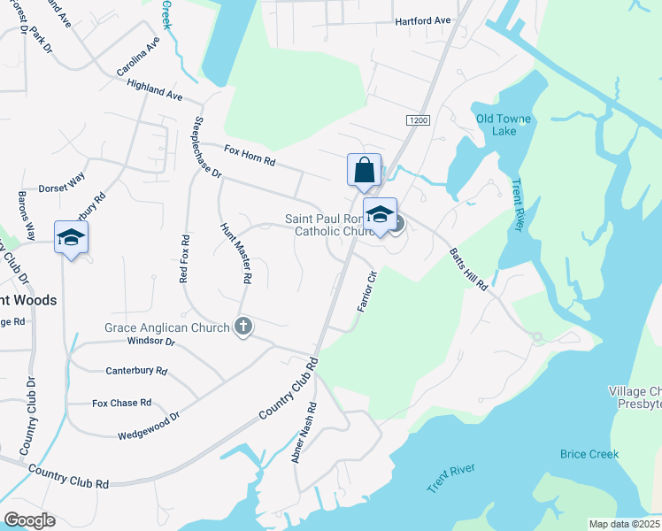 map of restaurants, bars, coffee shops, grocery stores, and more near 3102 Country Club Road in New Bern