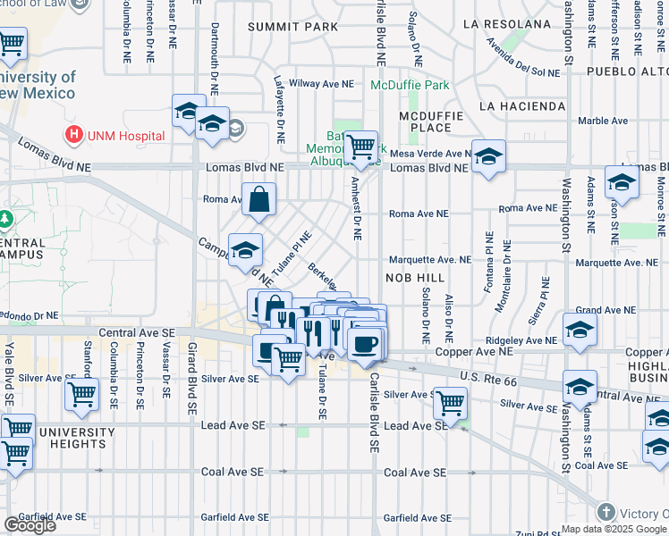 map of restaurants, bars, coffee shops, grocery stores, and more near 3411 Purdue Place Northeast in Albuquerque
