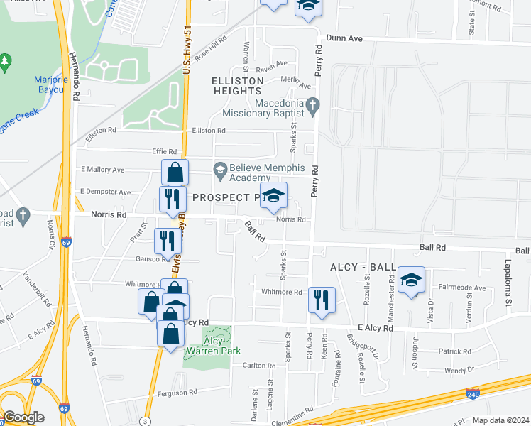 map of restaurants, bars, coffee shops, grocery stores, and more near 1490 Norris Road in Memphis