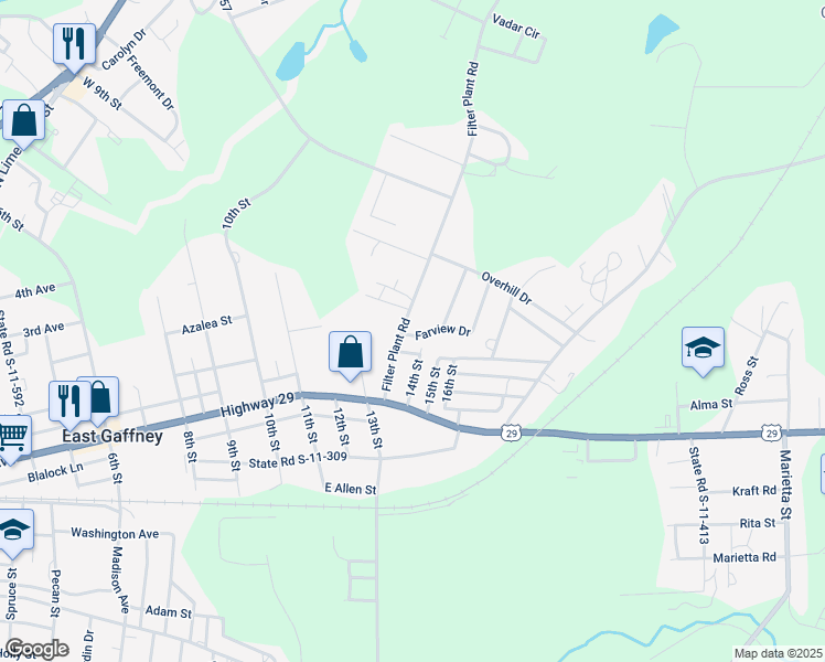 map of restaurants, bars, coffee shops, grocery stores, and more near 204 Filter Plant Road in Gaffney