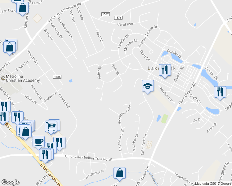 map of restaurants, bars, coffee shops, grocery stores, and more near 3606 Ruth Street in Indian Trail