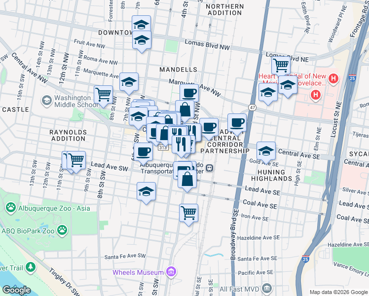 map of restaurants, bars, coffee shops, grocery stores, and more near 211 Gold Avenue Southwest in Albuquerque