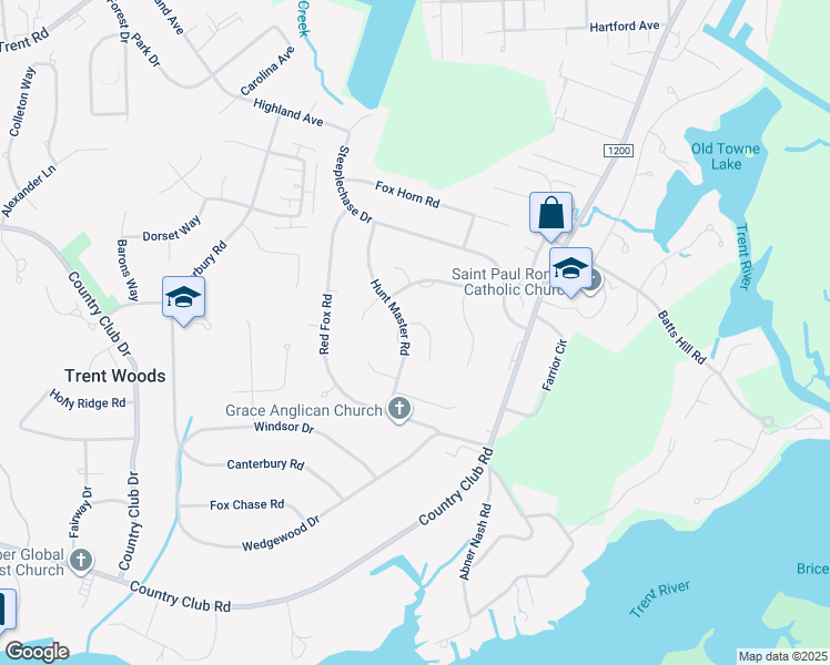 map of restaurants, bars, coffee shops, grocery stores, and more near 3300 Hedgerow Road in Trent Woods