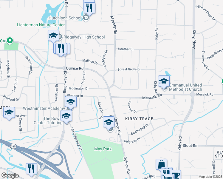 map of restaurants, bars, coffee shops, grocery stores, and more near 6349 Wood Bridge Road in Memphis