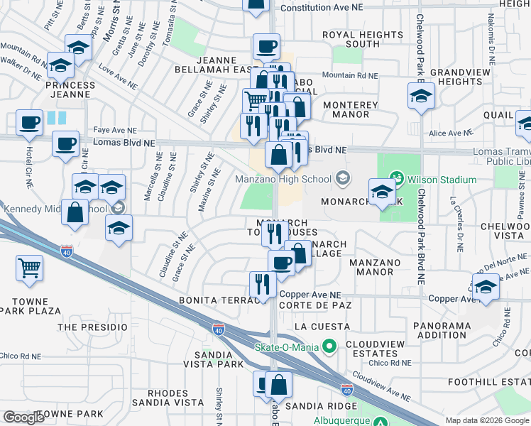 map of restaurants, bars, coffee shops, grocery stores, and more near 760 Juan Tabo Boulevard Northeast in Albuquerque