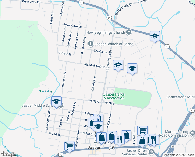map of restaurants, bars, coffee shops, grocery stores, and more near 802 Dennis Avenue in Jasper