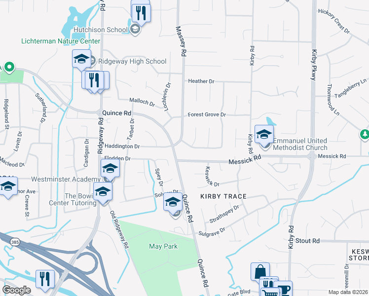 map of restaurants, bars, coffee shops, grocery stores, and more near 6349 Wood Bridge Road in Memphis
