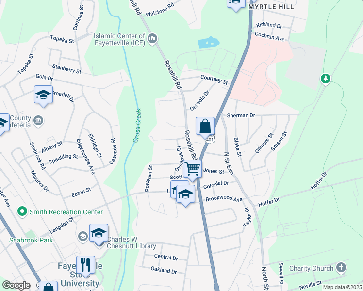 map of restaurants, bars, coffee shops, grocery stores, and more near 2004 Overlook Drive in Fayetteville