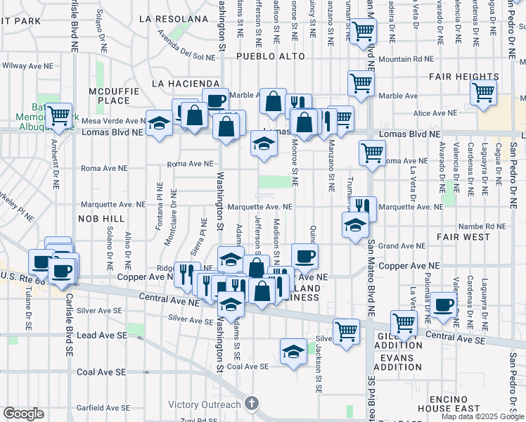 map of restaurants, bars, coffee shops, grocery stores, and more near 346 Jefferson Street Northeast in Albuquerque