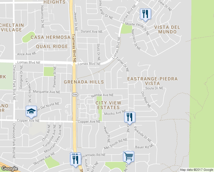 map of restaurants, bars, coffee shops, grocery stores, and more near 1022 Jewel Place Northeast in Albuquerque
