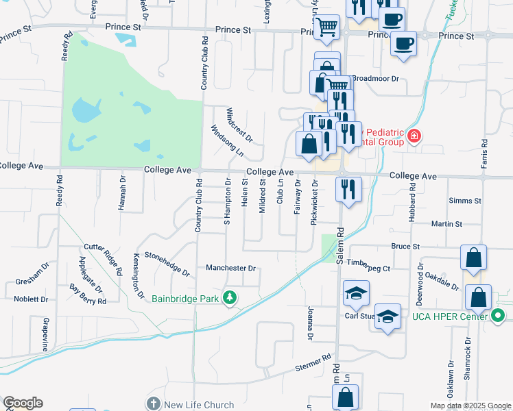 map of restaurants, bars, coffee shops, grocery stores, and more near 407 Mildred Street in Conway