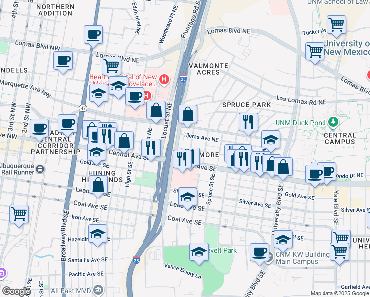 map of restaurants, bars, coffee shops, grocery stores, and more near 1017 Copper Avenue Northeast in Albuquerque