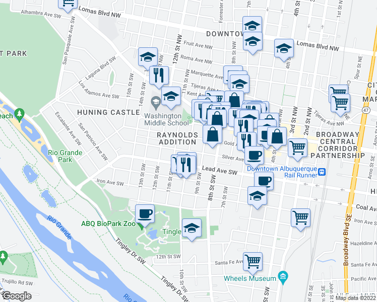 map of restaurants, bars, coffee shops, grocery stores, and more near 1000 Silver Ave SW in Albuquerque