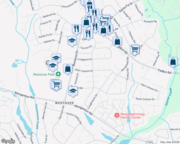 map of restaurants, bars, coffee shops, grocery stores, and more near 320 Glen Canyon Drive in Fayetteville