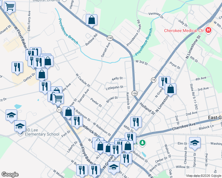 map of restaurants, bars, coffee shops, grocery stores, and more near 108 Littlejohn Road in Gaffney