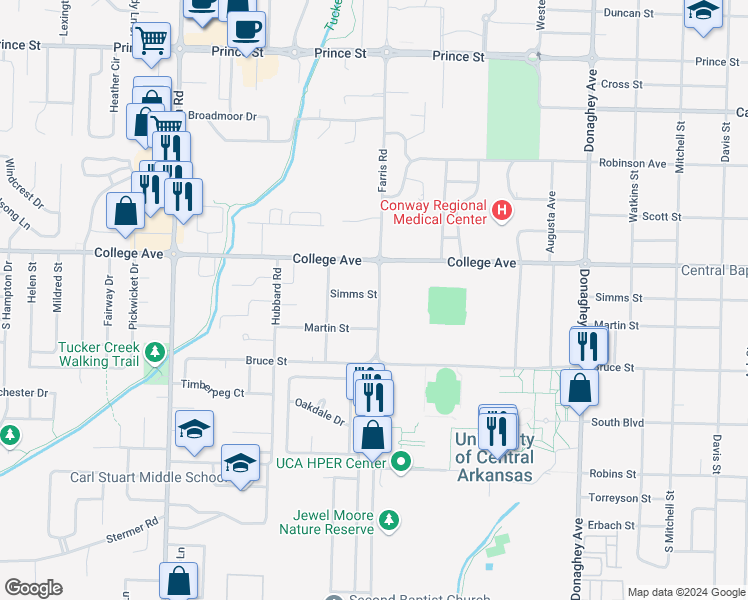 map of restaurants, bars, coffee shops, grocery stores, and more near 371 Farris Road in Conway