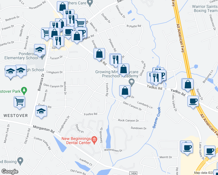 map of restaurants, bars, coffee shops, grocery stores, and more near 5306 Foxfire Road in Fayetteville