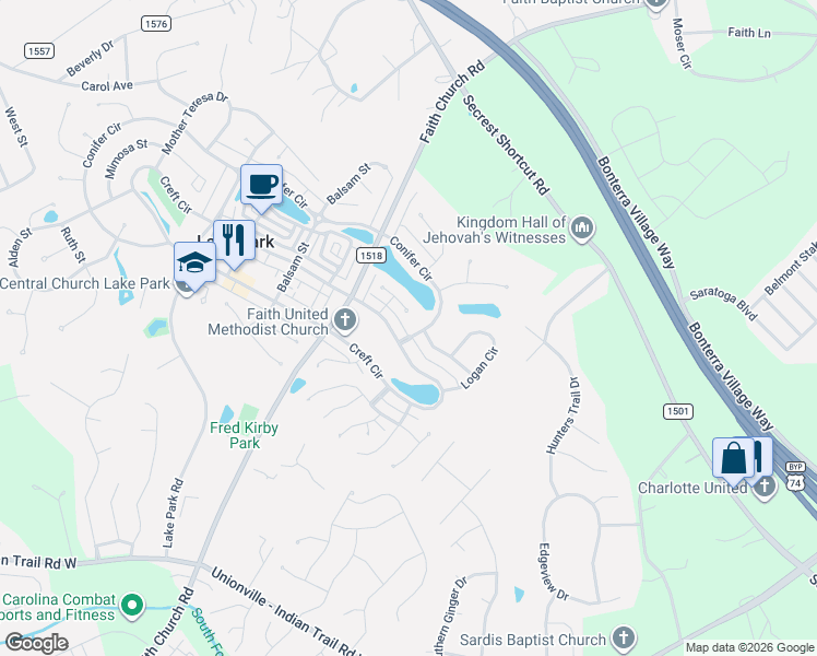 map of restaurants, bars, coffee shops, grocery stores, and more near 7802 Conifer Circle in Indian Trail