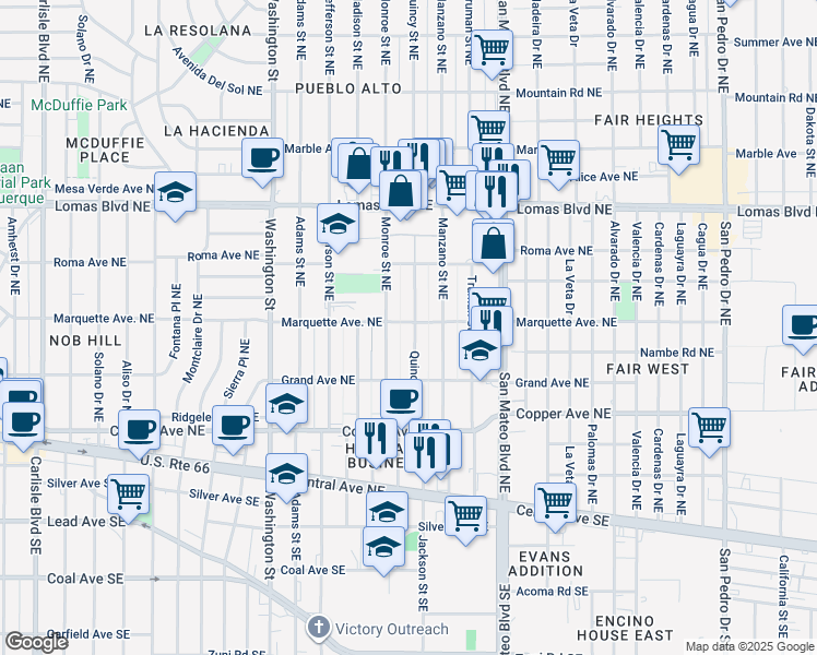 map of restaurants, bars, coffee shops, grocery stores, and more near 323 Quincy Street Northeast in Albuquerque