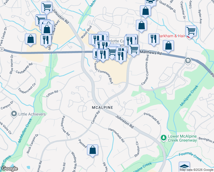 map of restaurants, bars, coffee shops, grocery stores, and more near 11017 Sevilla Court in Charlotte