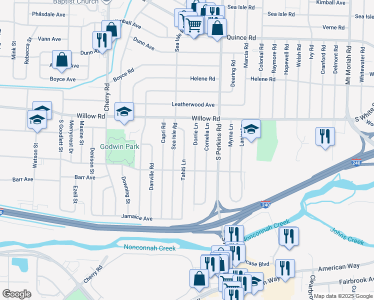 map of restaurants, bars, coffee shops, grocery stores, and more near 1762 Tahiti Lane in Memphis