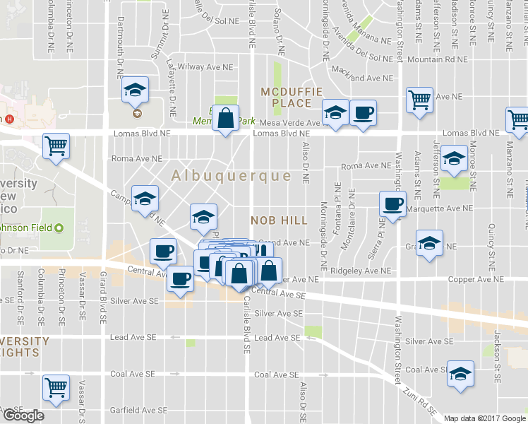 map of restaurants, bars, coffee shops, grocery stores, and more near 343 Hermosa Drive Northeast in Albuquerque