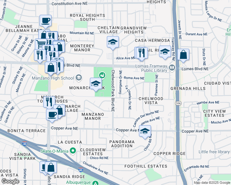 map of restaurants, bars, coffee shops, grocery stores, and more near 808 Chelwood Park Boulevard Northeast in Albuquerque