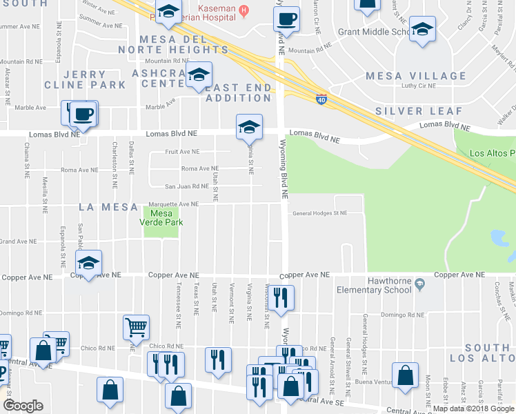 map of restaurants, bars, coffee shops, grocery stores, and more near 547 Virginia Street Northeast in Albuquerque