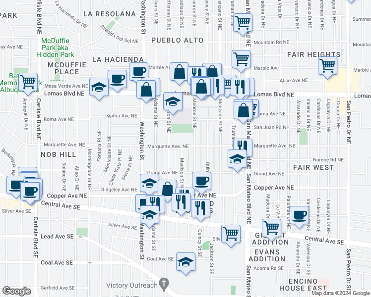 map of restaurants, bars, coffee shops, grocery stores, and more near 4806 Marquette Avenue Northeast in Albuquerque