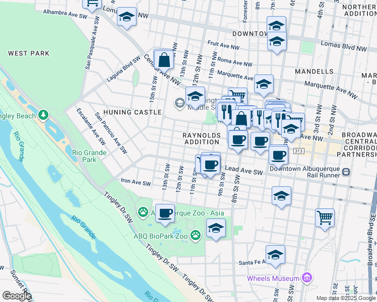 map of restaurants, bars, coffee shops, grocery stores, and more near 403 11th Street Southwest in Albuquerque