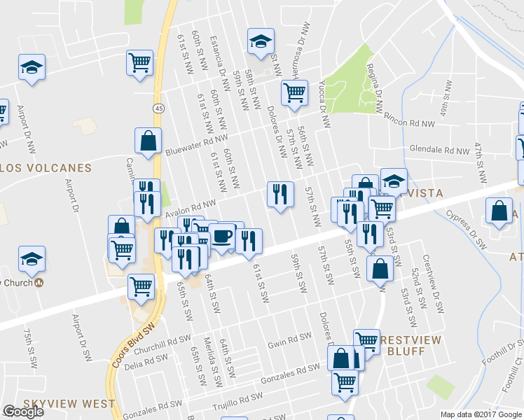 map of restaurants, bars, coffee shops, grocery stores, and more near 5909 Berquist Place Northwest in Albuquerque