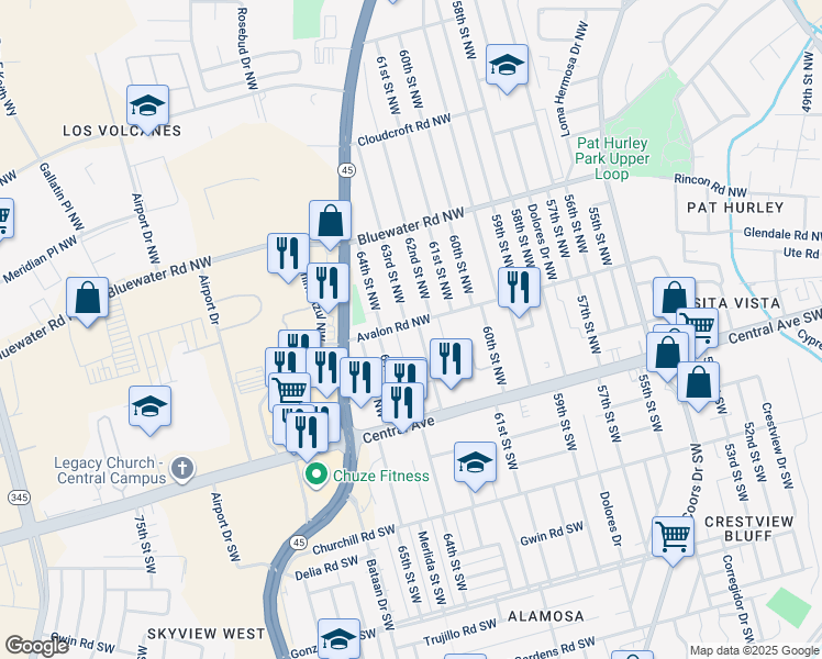 map of restaurants, bars, coffee shops, grocery stores, and more near 248 Avalon Place Northwest in Albuquerque