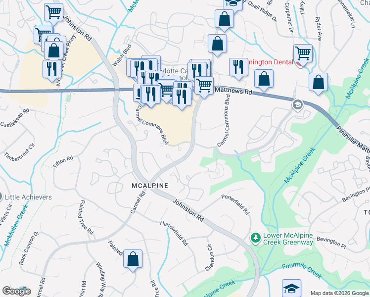 map of restaurants, bars, coffee shops, grocery stores, and more near 6805 Cabot Circle in Charlotte