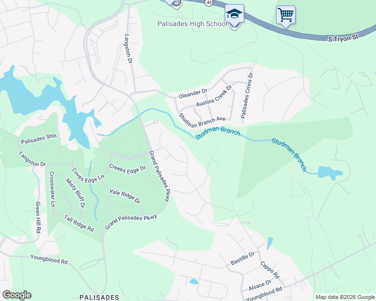 map of restaurants, bars, coffee shops, grocery stores, and more near Studman Branch Avenue in Charlotte