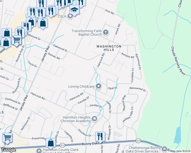 map of restaurants, bars, coffee shops, grocery stores, and more near 7839 Rosemary Circle in Chattanooga