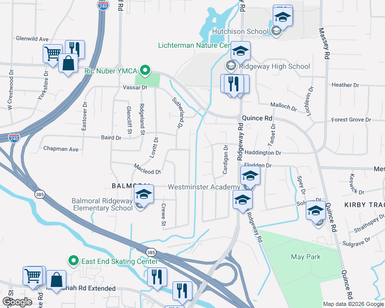 map of restaurants, bars, coffee shops, grocery stores, and more near 5991 Macleod Drive in Memphis
