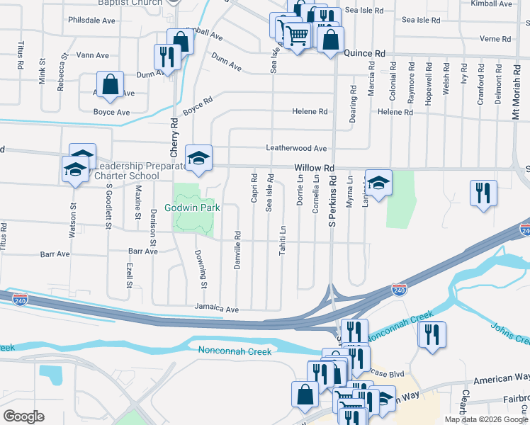 map of restaurants, bars, coffee shops, grocery stores, and more near 1763 Sea Isle Road in Memphis