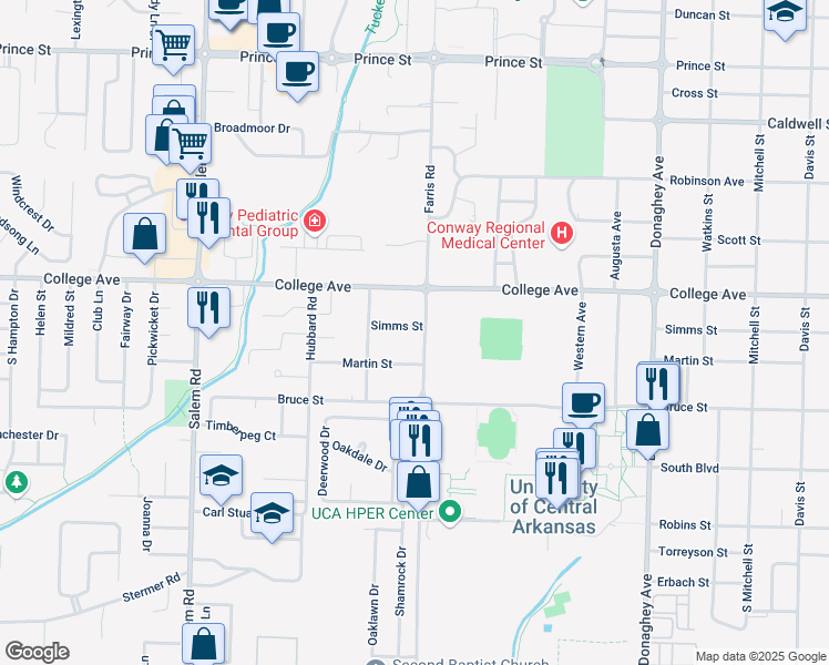 map of restaurants, bars, coffee shops, grocery stores, and more near 371 Farris Road in Conway
