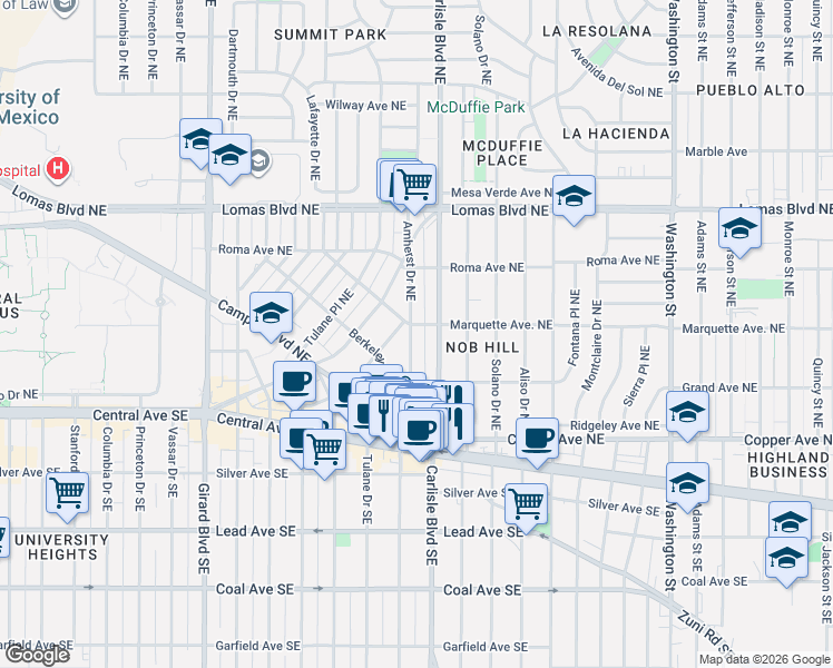 map of restaurants, bars, coffee shops, grocery stores, and more near 340 Amherst Drive Northeast in Albuquerque
