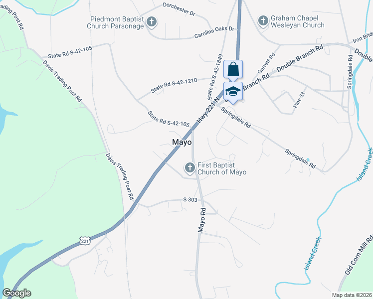 map of restaurants, bars, coffee shops, grocery stores, and more near 142 Mayo Road in Cowpens