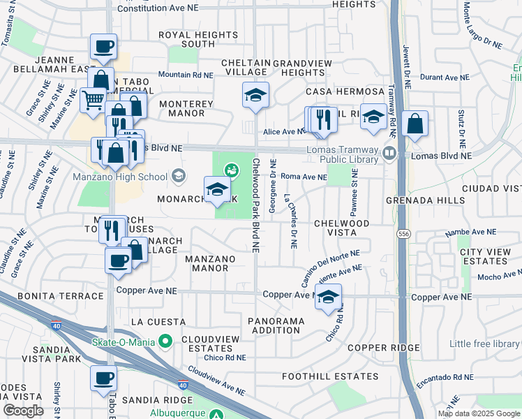 map of restaurants, bars, coffee shops, grocery stores, and more near 808 Chelwood Park Boulevard Northeast in Albuquerque